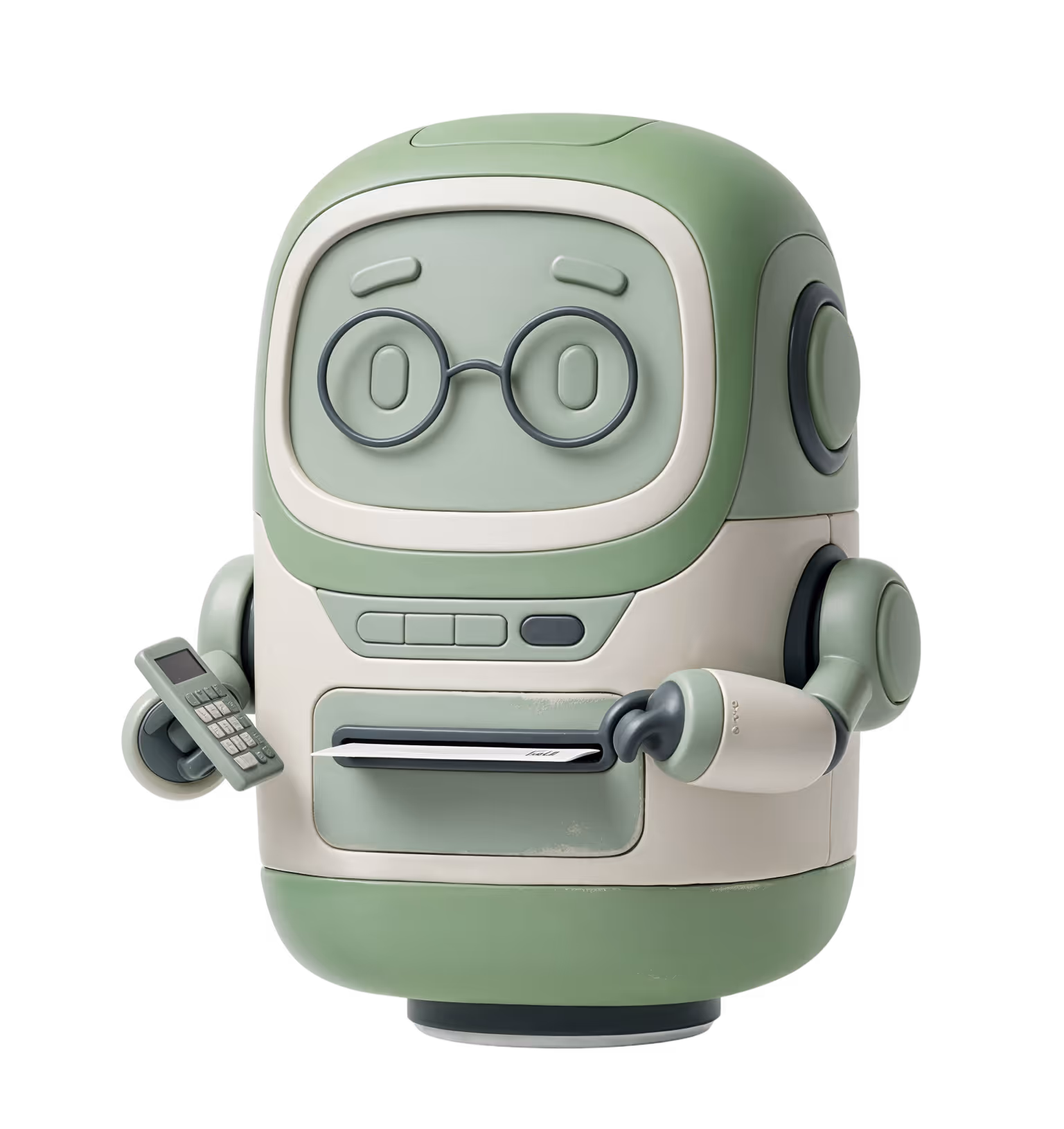 Ein kleiner grüner Roboter mit Brille und einem Taschenrechner in der Hand. Aus seinem integrierten Drucker im Bauch kommt ein Zettel.